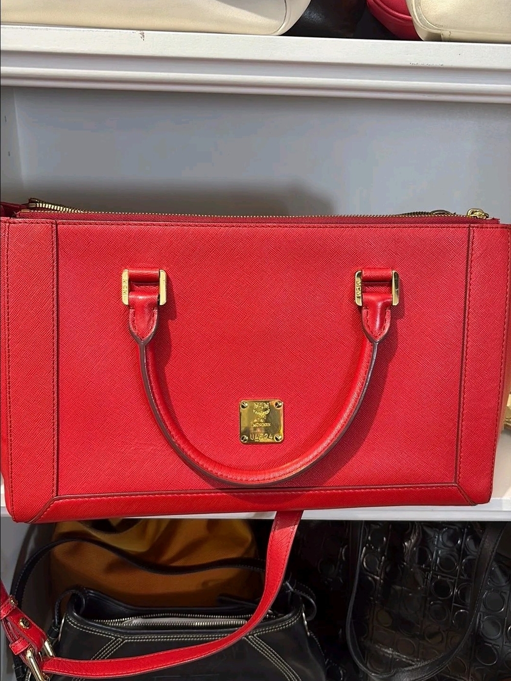 Bright Red MCM Shoulder Bag. Double Zip Pocket. Large
